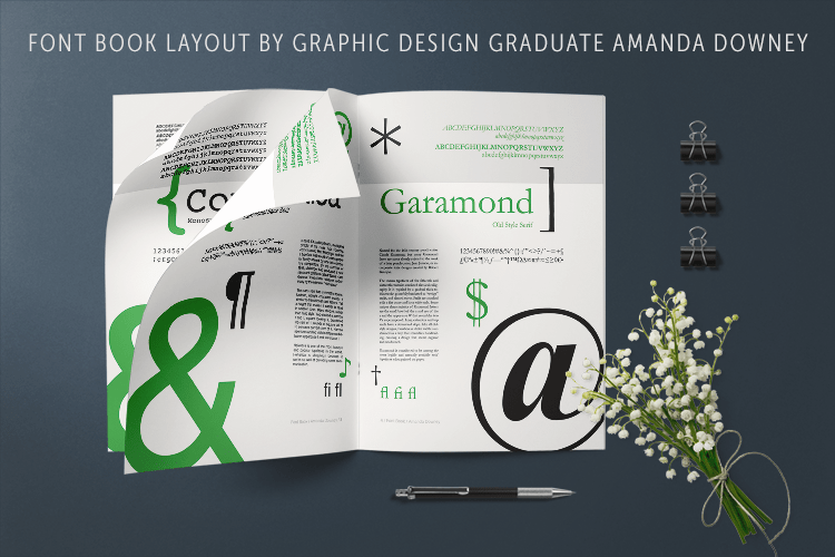 A font book ad of designs from Graphic Design grad Amanda Downey, who took online graphic design courses Canada